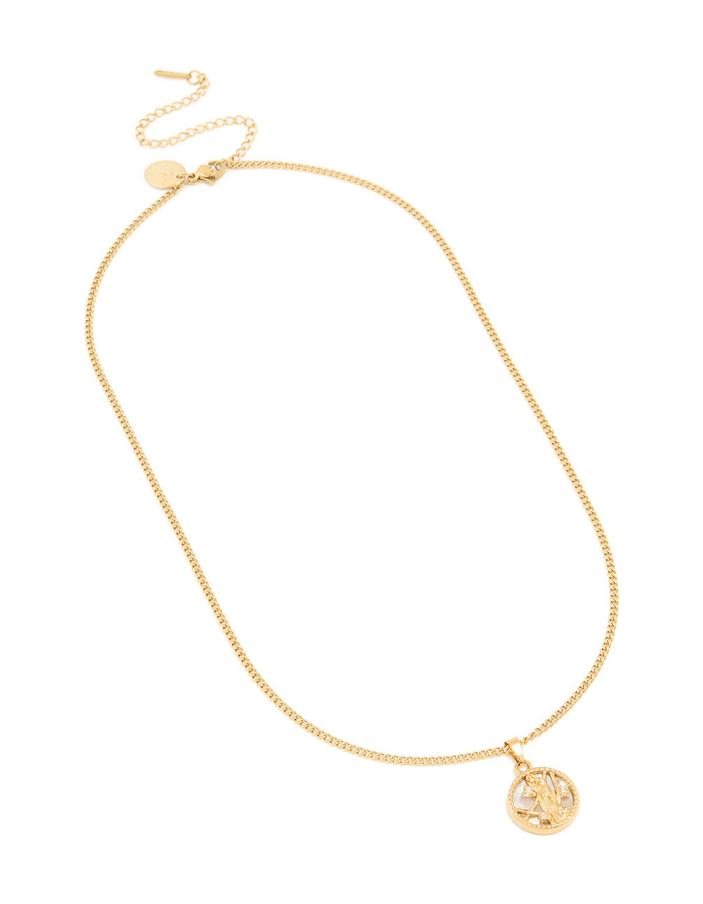 Discover this waterproof Virgo circle zodiac sign necklace featuring stainless steel with star sign details in gold plated finish front view