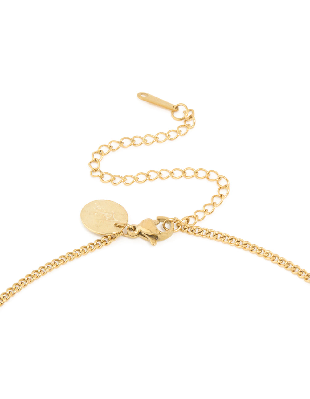 Highlighting the waterproof Virgo circle zodiac sign necklace crafted with stainless steel in gold plated finish and featuring star sign details clasp detail view