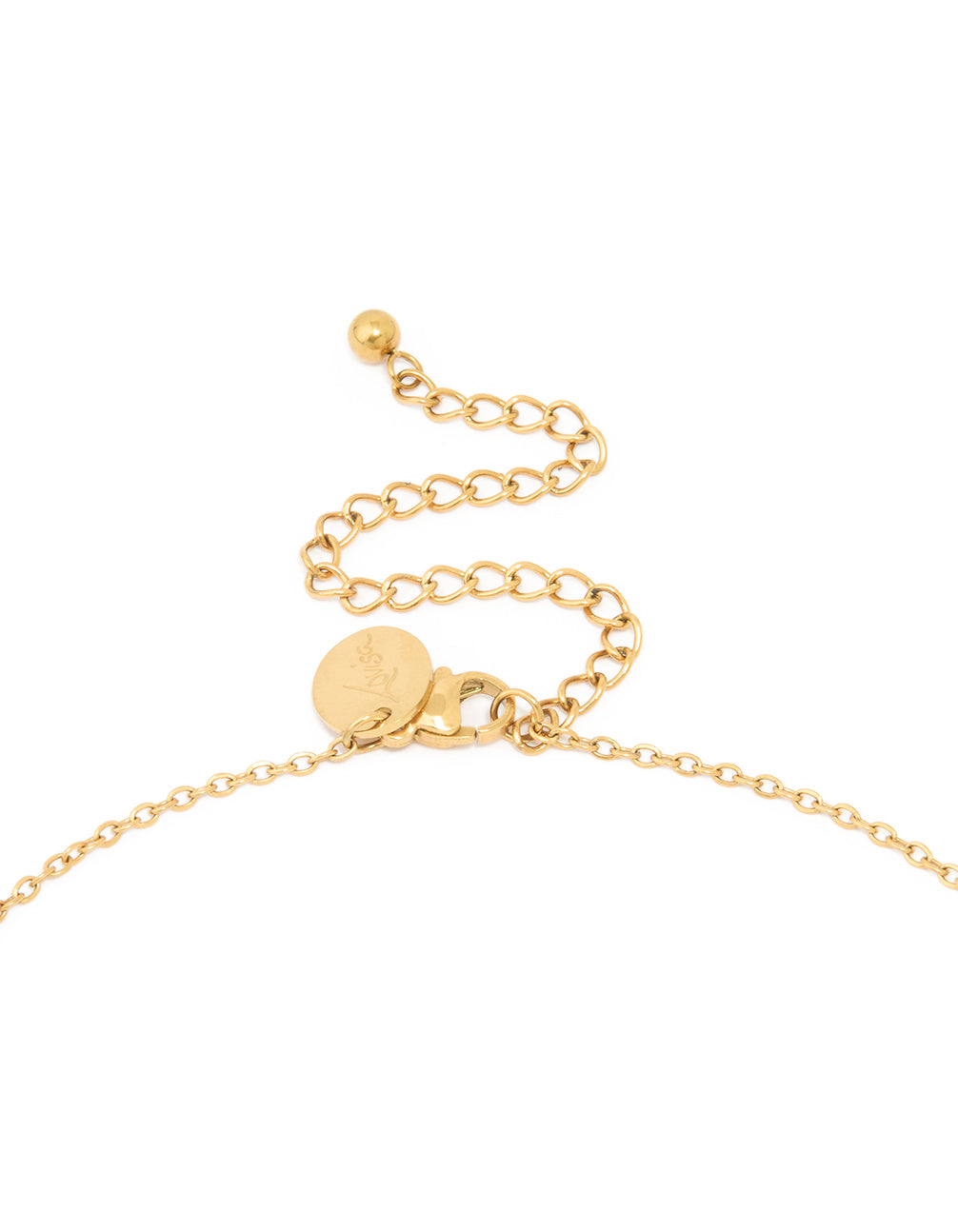 A waterproof large bubble letter M necklace with initial pendant in gold plated stainless steel clasp detail view