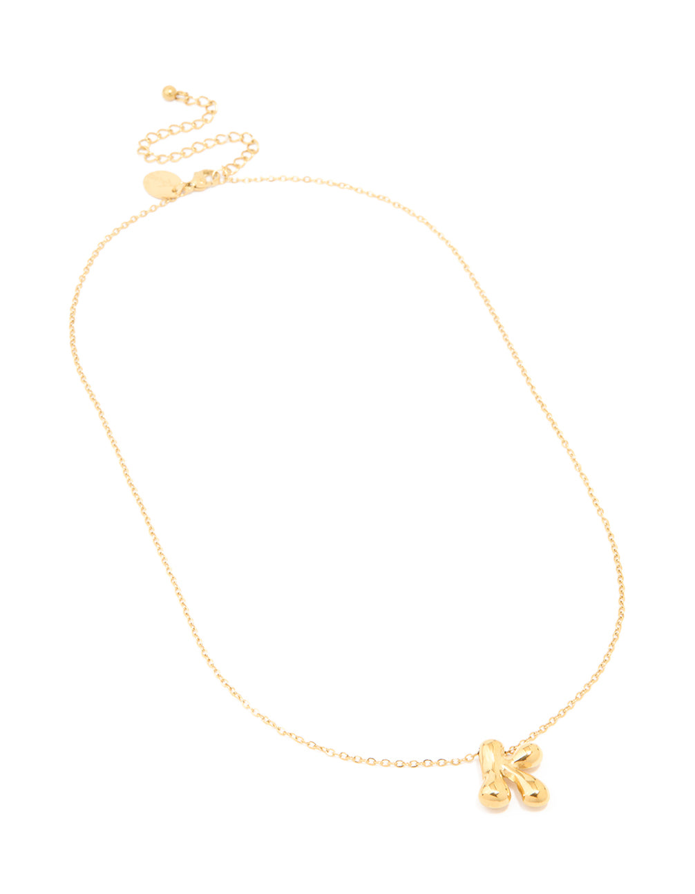Presenting a waterproof large bubble letter K dainty style necklace in gold plated stainless steel with initial pendant front view