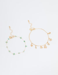 Gold Green Semi Precious Stones & Sea Charm Anklets 2-Pack - link has visual effect only