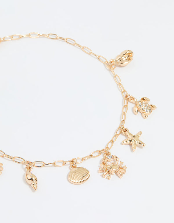 Gold Green Semi Precious Stones & Sea Charm Anklets 2-Pack