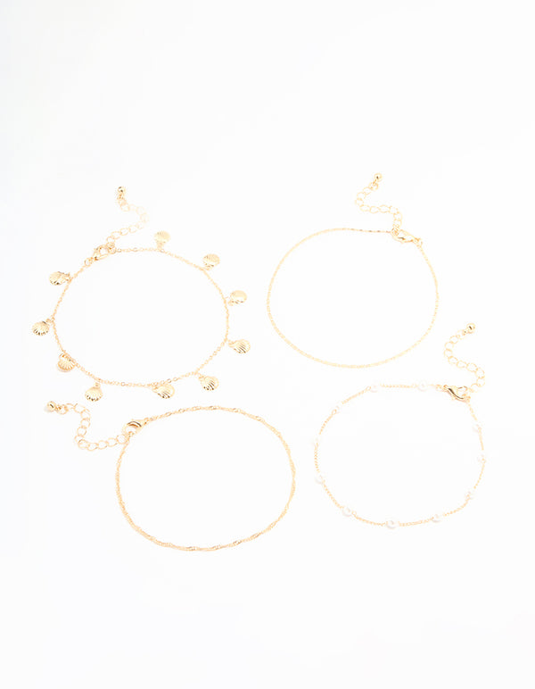 Gold Pearl & Shell Anklets 4-Pack