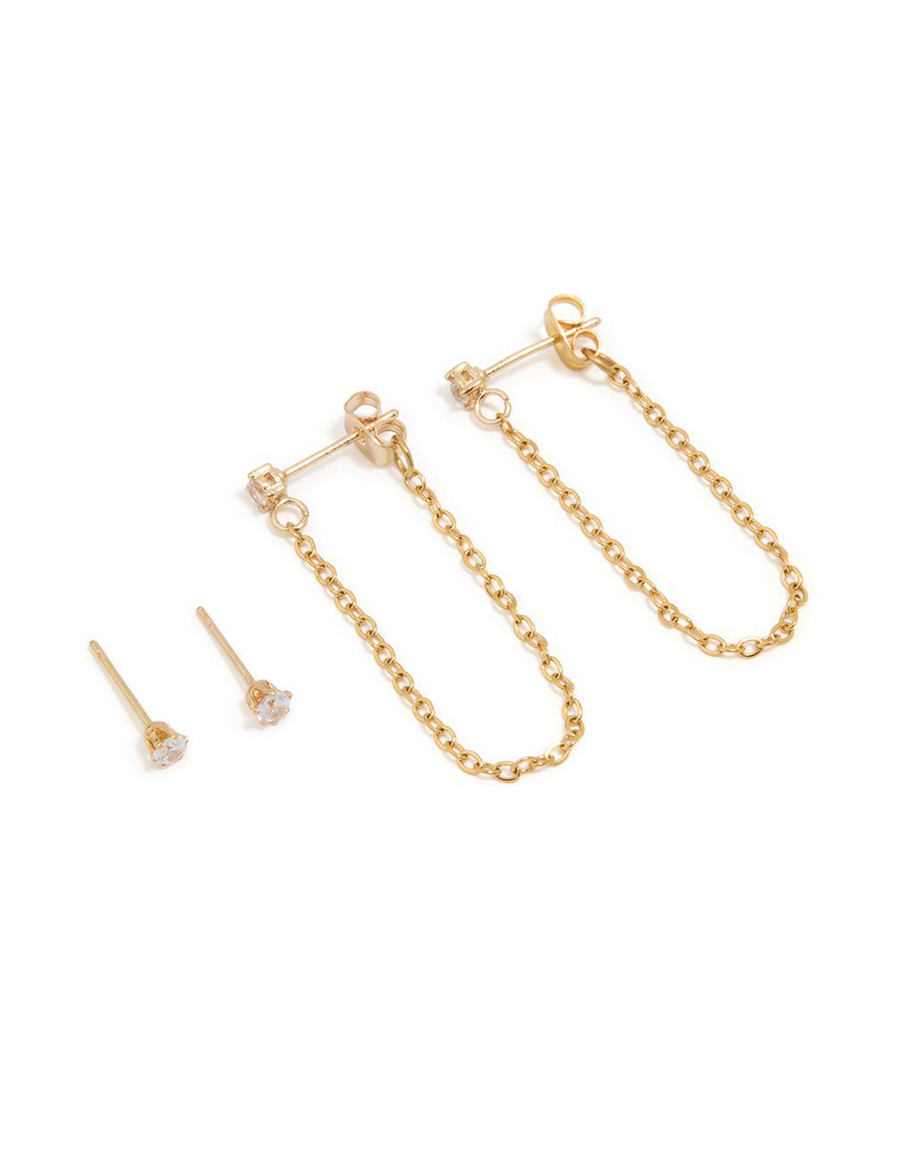 Waterproof Gold Plated Stainless Steel Cubic Zirconia Studs & Dainty Chain Earrings 2-Pack