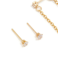 Waterproof Gold Plated Stainless Steel Cubic Zirconia Studs & Dainty Chain Earrings 2-Pack - link has visual effect only