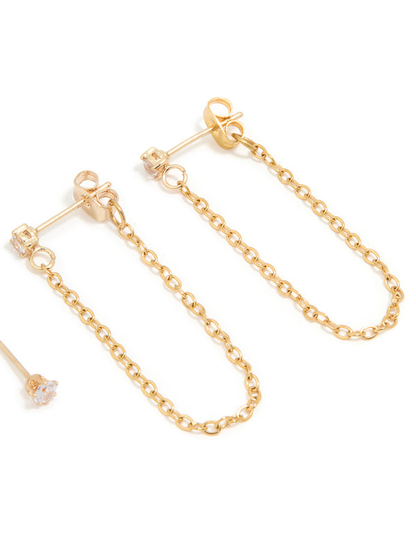 Waterproof Gold Plated Stainless Steel Cubic Zirconia Studs & Dainty Chain Earrings 2-Pack