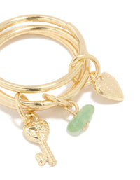 Gold Plated Green Semi Precious & Key Charm Rings 3-Pack - link has visual effect only