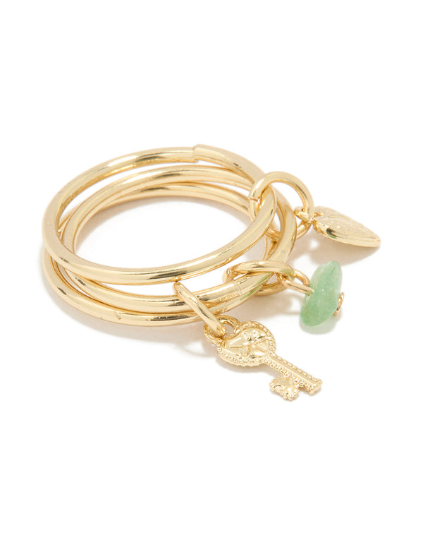 Gold Plated Green Semi Precious & Key Charm Rings 3-Pack