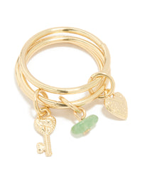 Gold Plated Green Semi Precious & Key Charm Rings 3-Pack - link has visual effect only