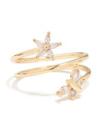 Gold Plated Cubic Zirconia Butterfly & Flower Ring - link has visual effect only