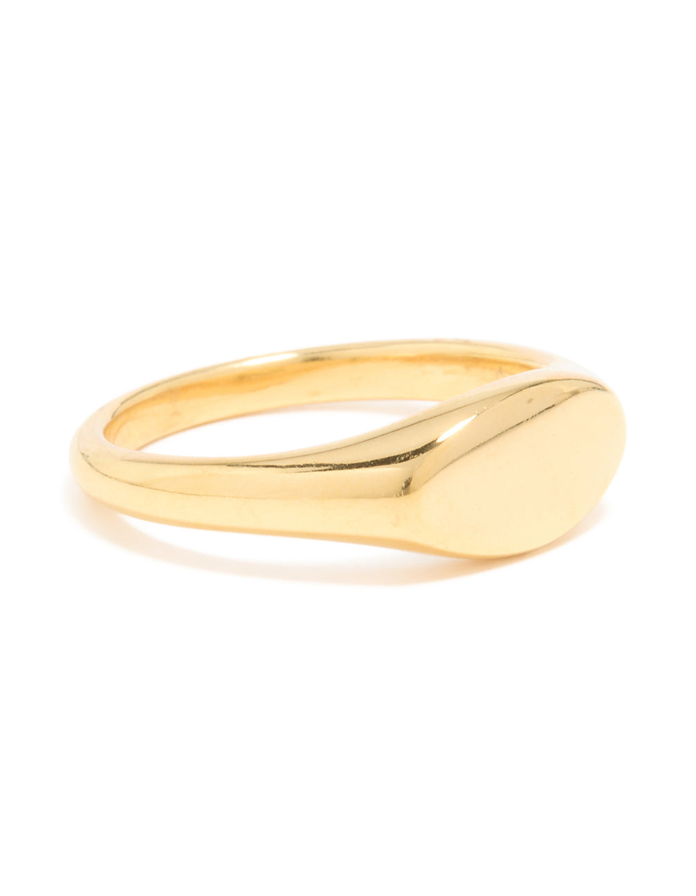 Showcasing a waterproof gold plated stainless steel oval signet ring front view