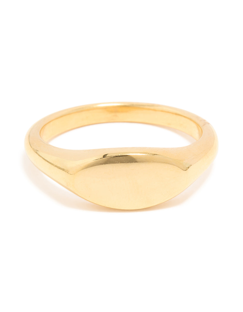 Crafted from waterproof gold plated stainless steel oval signet ring close up view