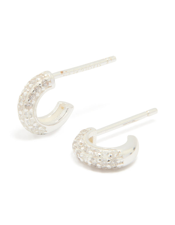 Sterling Silver Cubic Zirconia Pave C-Shaped Hoop Earrings