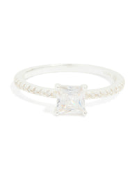 This sterling silver square cubic zirconia pave band ring in dainty style features close up view - link has visual effect only