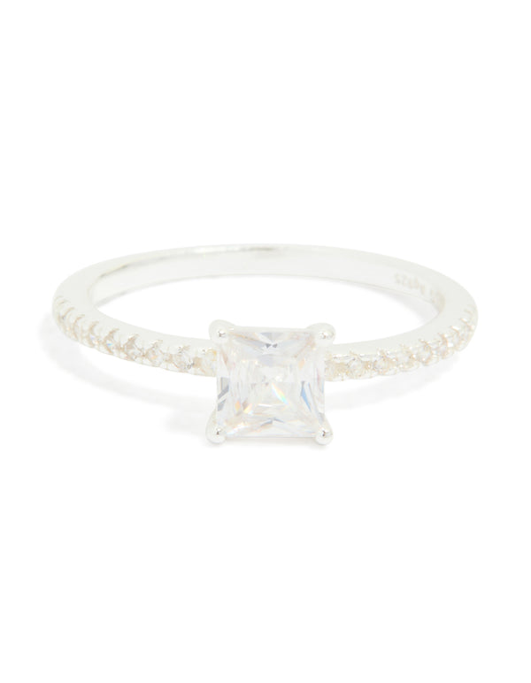 This sterling silver square cubic zirconia pave band ring in dainty style features close up view
