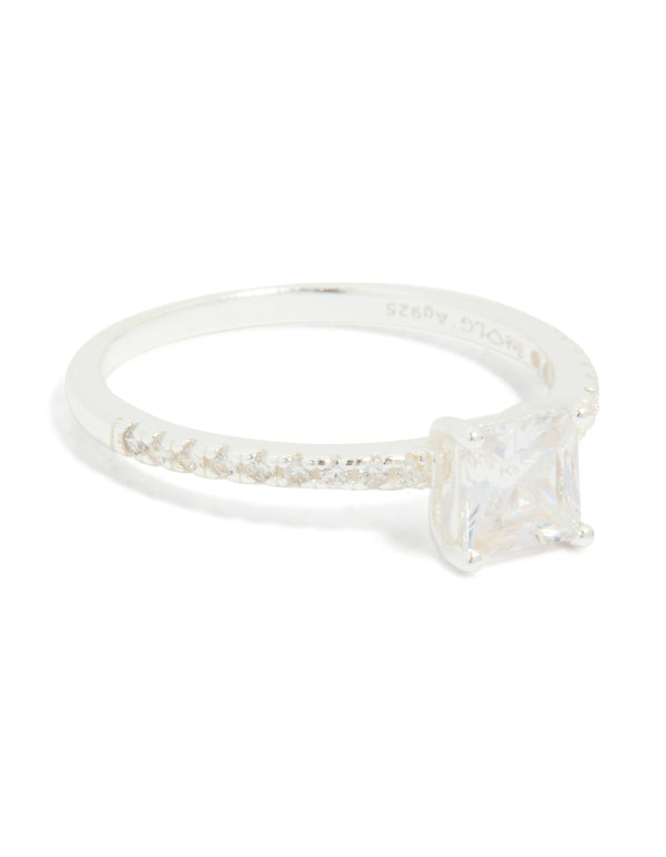 Featuring a sterling silver square cubic zirconia pave band ring in dainty style front view