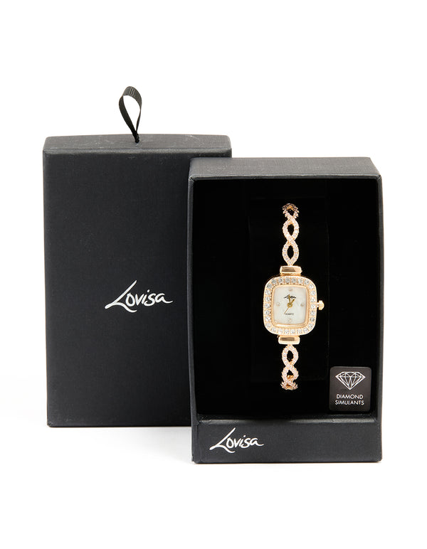 Gold Cubic Zirconia Rectangular Face Toggle Watch