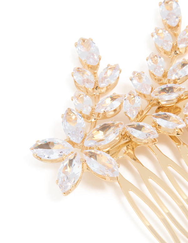 Gold Diamante Flower & Leaf Hair Comb