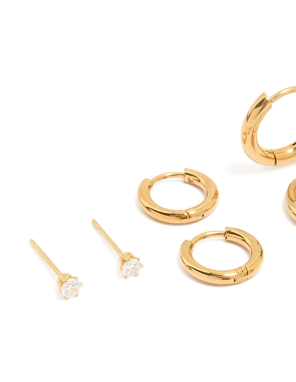 Waterproof Gold Plated Stainless Steel Cubic Zirconia Stud Earrings 4-Pack