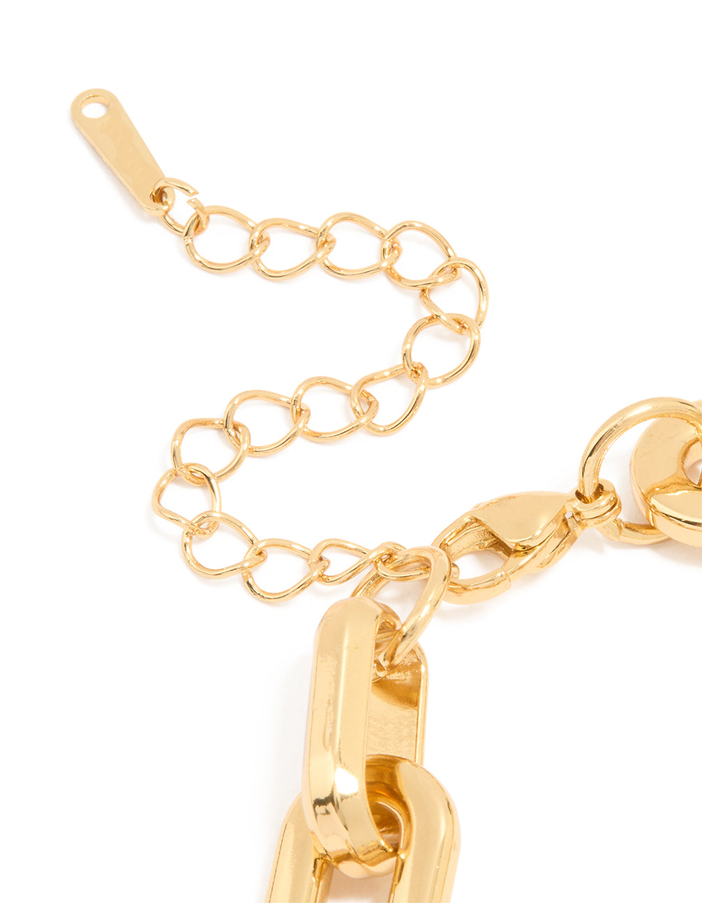 Crafted from waterproof stainless steel, this gold plated paperclip large chain bracelet with chunky style closure detail view