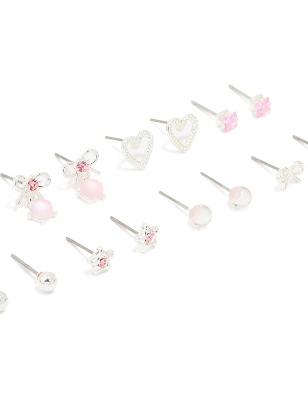 Silver Pink Diamante Heart & Bow Mixed Earrings 8-Pack