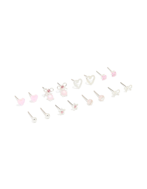 Silver Pink Diamante Heart & Bow Mixed Earrings 8-Pack