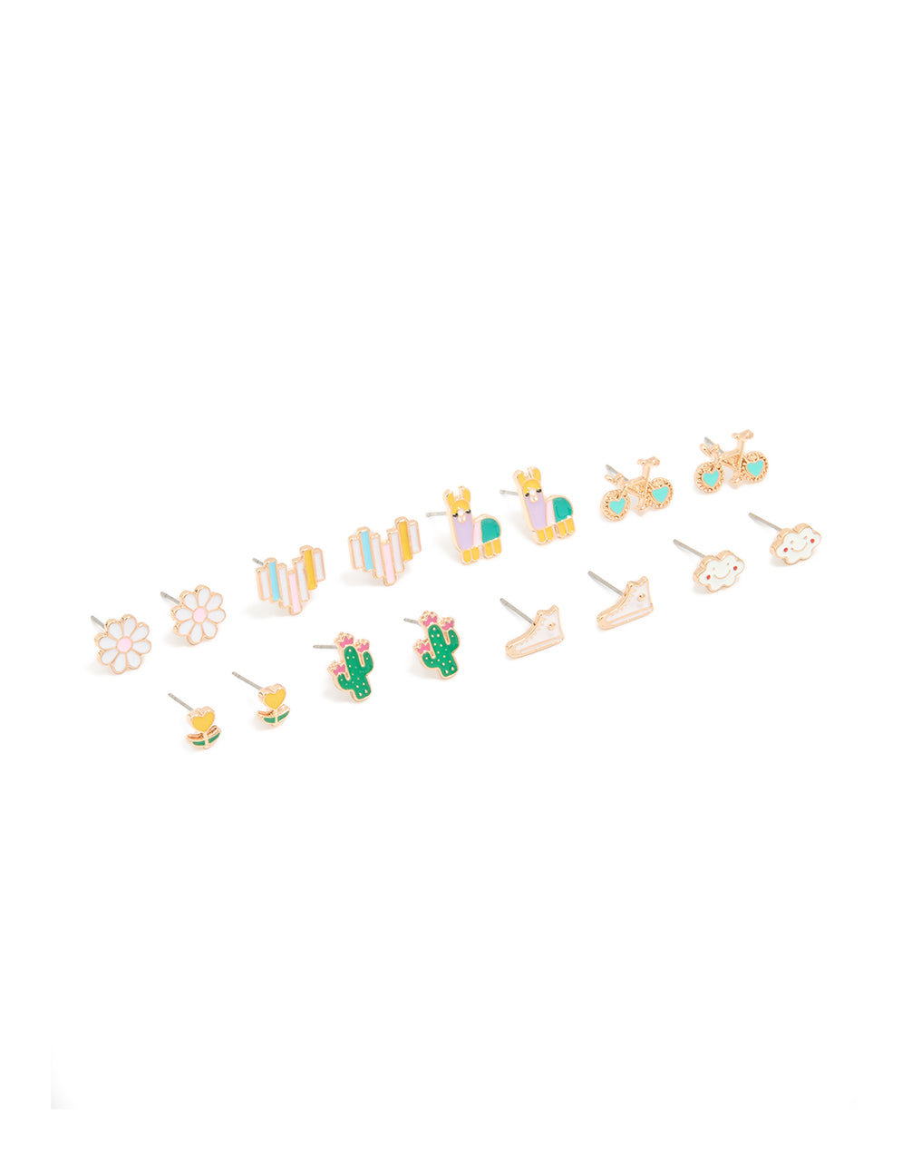 Featuring gold flower and bike stud earrings 8-pack with heart, animal and floral details in turquoise pink green front view