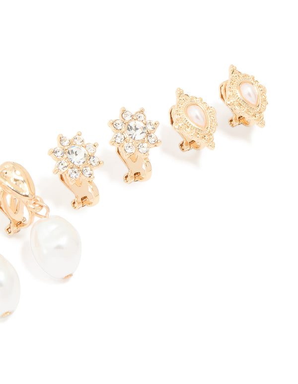 Gold Diamante & Pearl Clip-On Earrings 4-Pack