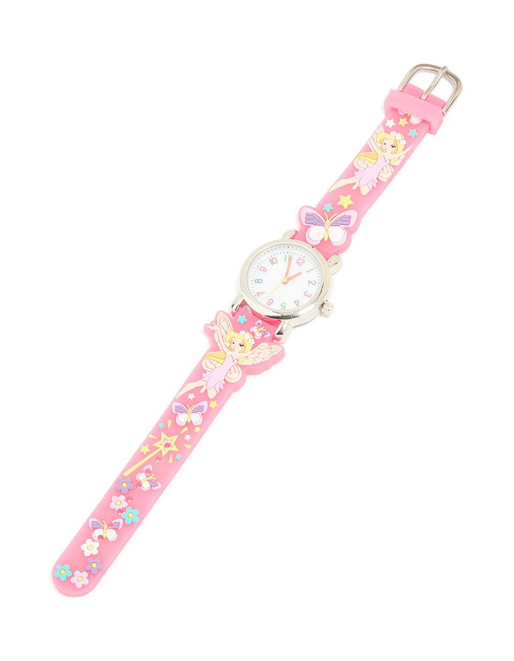 Presenting kids pastel fairies watch with angel, butterfly and celestial details featuring numbers on white dial round shape for casual occasions crafted from silicone in pink and analog type front view