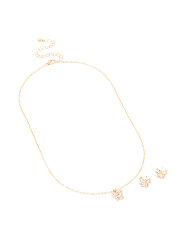 Gold Diamante Butterfly Stud Earrings & Necklace Set