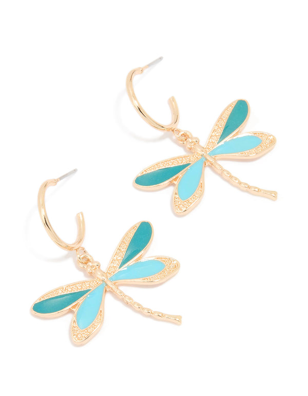 Gold Blue Dragonfly Hoop Earrings