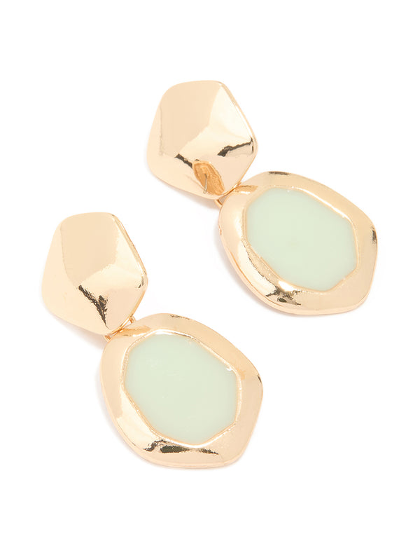 Gold Organic Green Resin Drop Earrings