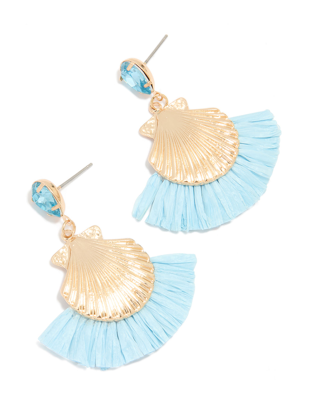 Gold Shell Blue Raffia Diamante Earrings