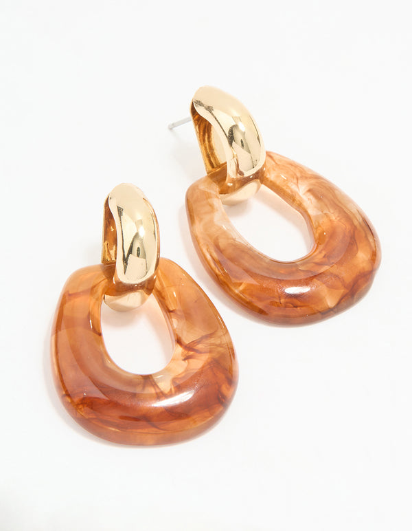 Gold Brown Acrylic Doorknocker Drop Earrings