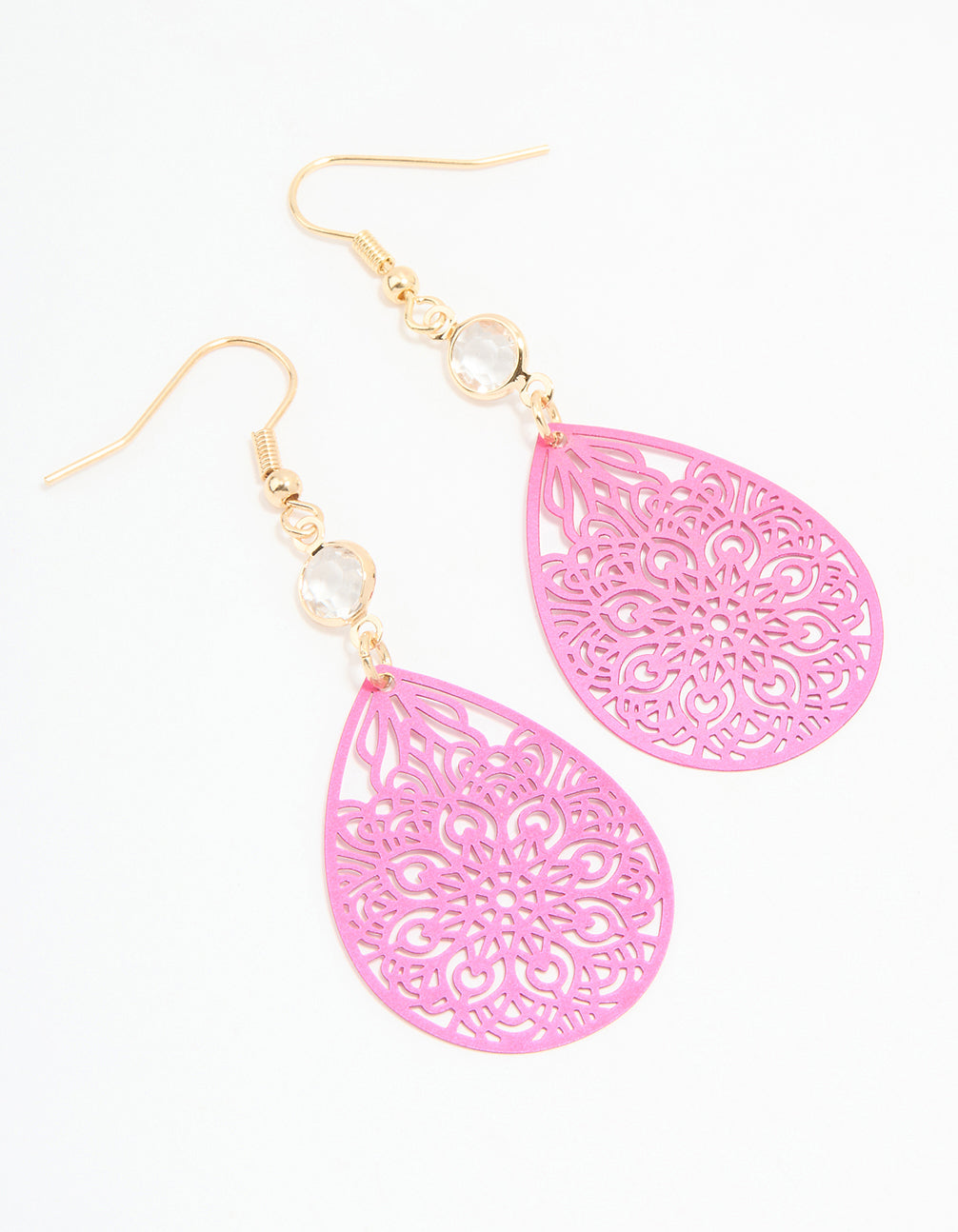 Gold Diamante Pink Filigree Drop Earrings