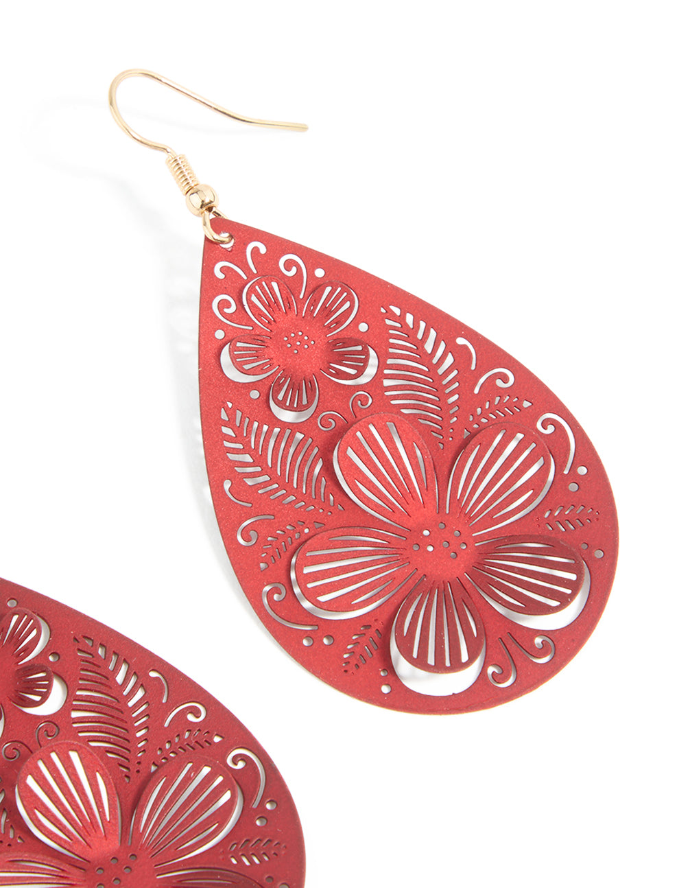 Gold Red 3D Filigree Flower Drop Earrings