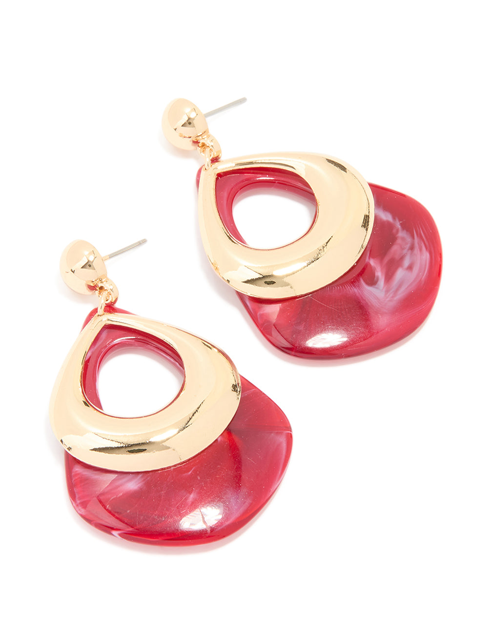 Gold Red Curved Triangular Drop Earrings