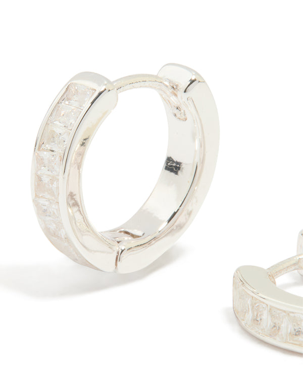 Silver Plated Cubic Zirconia Thin Pavé Hoop Earrings