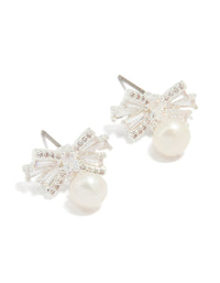 Silver Plated Pearl & Cubic Zirconia Bow Baguette Drop Earrings - link has visual effect only