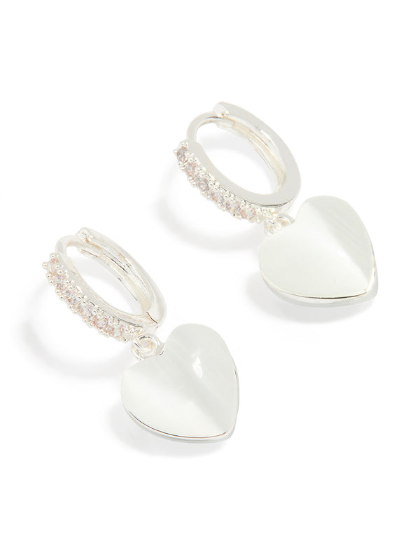 Silver Plated Cubic Zirconia Heart Drop Hoop Earrings