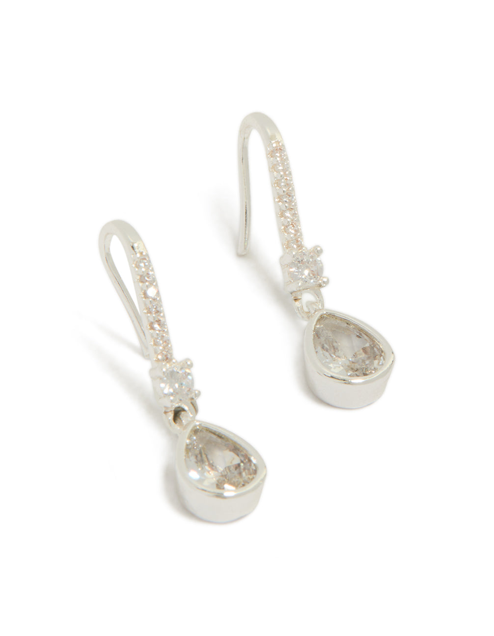 Stunning silver plated diamanté pavé hook drop earrings with pear cut stones in clear close up view