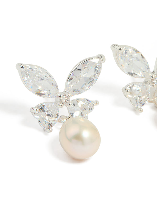 Silver Plated Cubic Zirconia Butterfly Pearl Drop Earrings