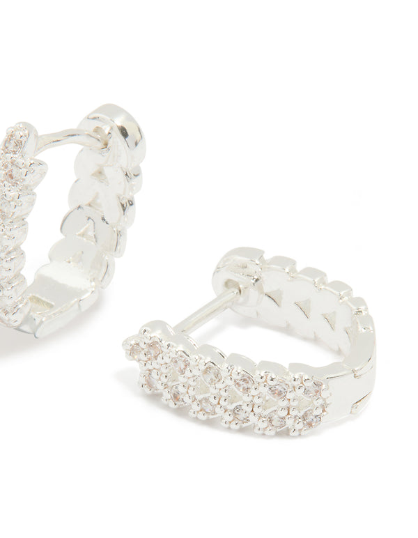 Silver Plated Cubic Zirconia Mini Vine Huggie Earrings