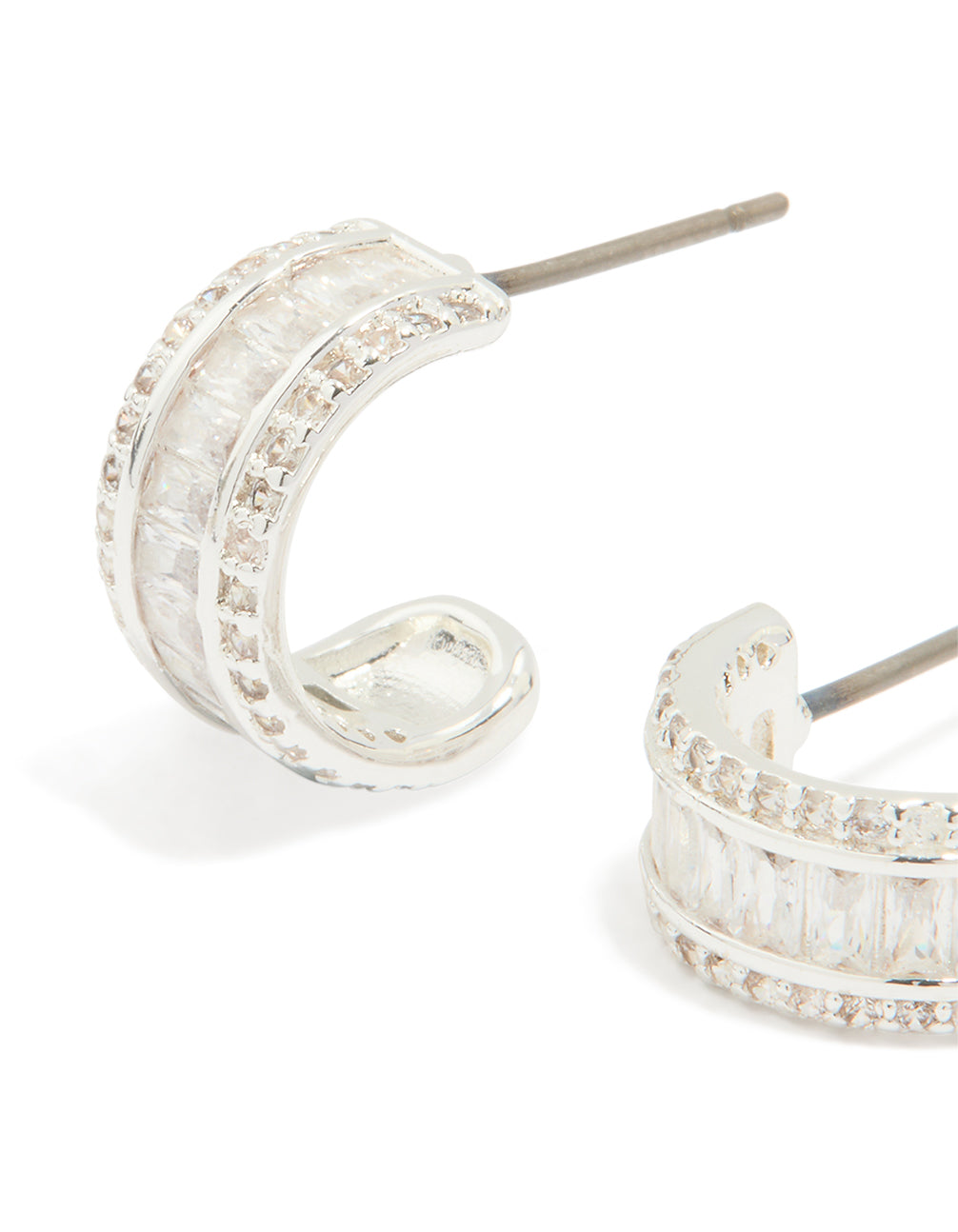 Silver Plated Cubic Zirconia Baguette Small Hoop Earrings