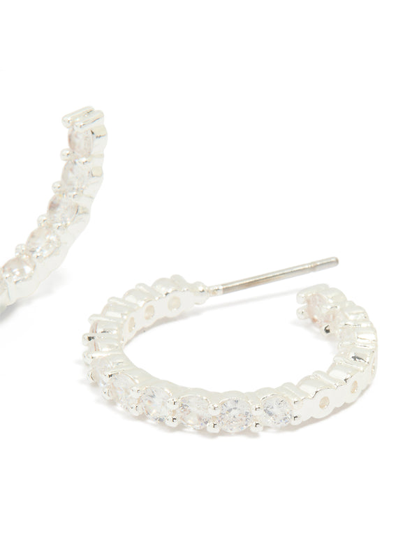 Silver Plated Cubic Zirconia Medium Round Hoop Earrings