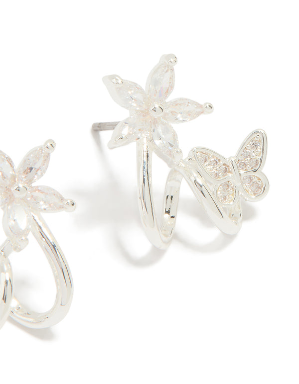 Silver Plated Cubic Zirconia Flower Butterfly Ear Jacket Earrings