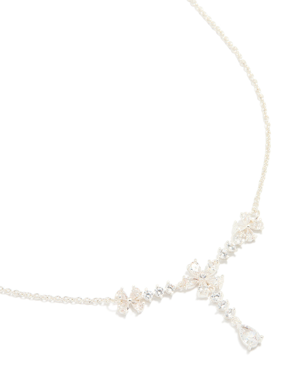 Silver Plated Cubic Zirconia Flower Trio Y-Necklace