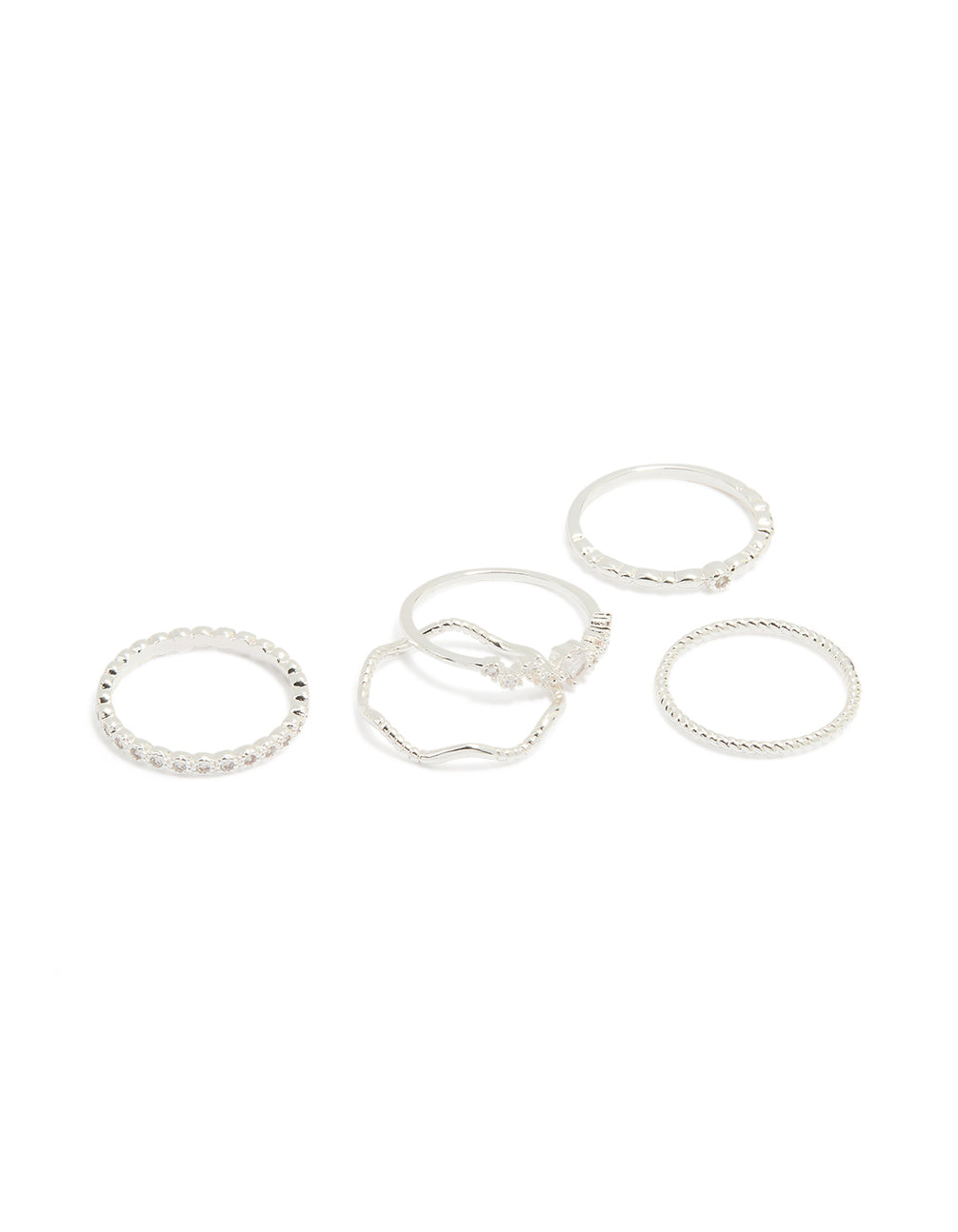 Silver Plated Dainty Cubic Zirconia & Plain Rings 5-Pack