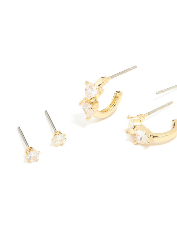 Gold Plated Cubic Zirconia Heart Stud & Huggie Earrings 4-Pack