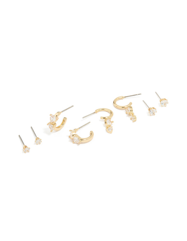 Gold Plated Cubic Zirconia Heart Stud & Huggie Earrings 4-Pack